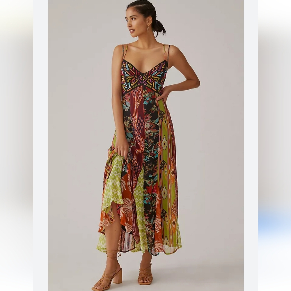 Anthropologie Multi Print V-Neck Maxi Dress Sz 4 Small Multicolored